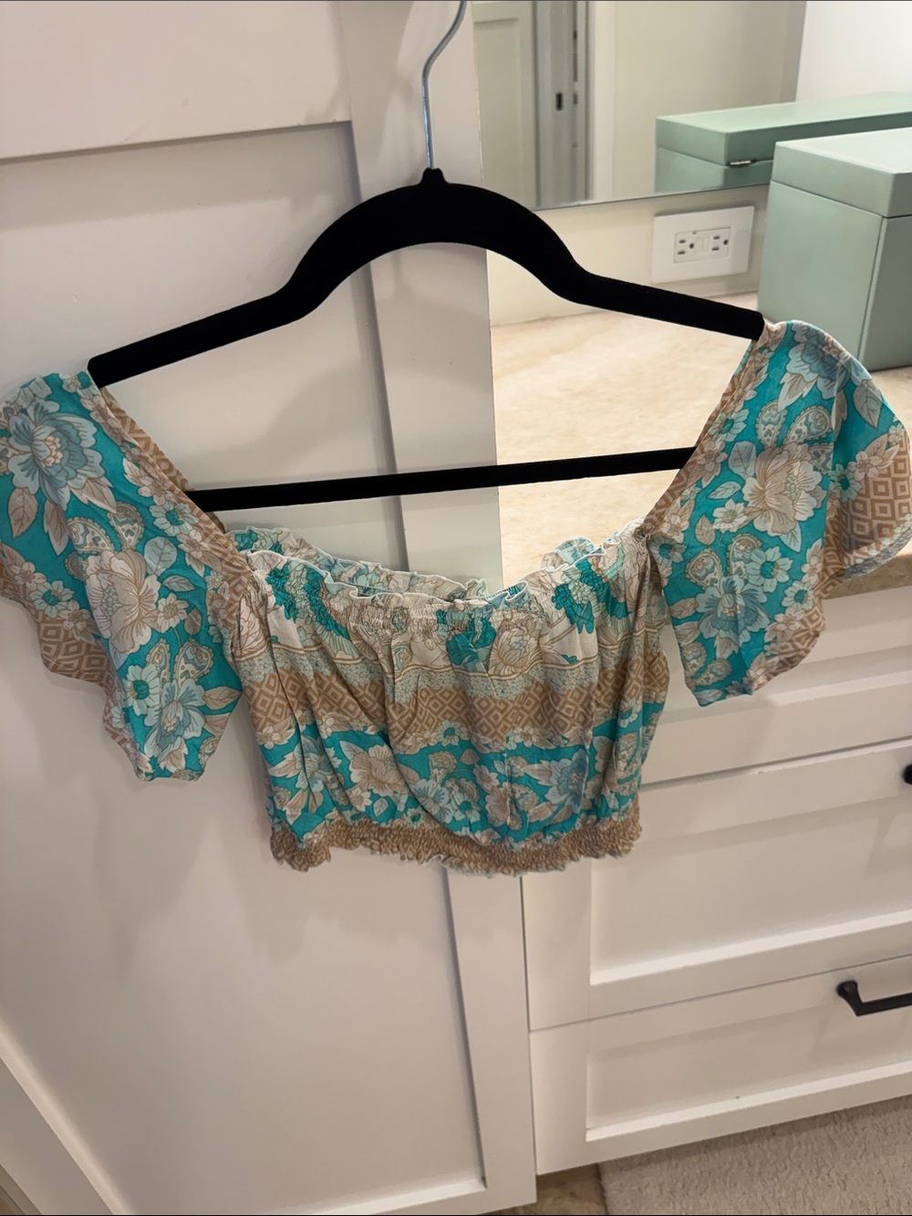 Teal & Beige Floral Off-Shoulder Crop Top